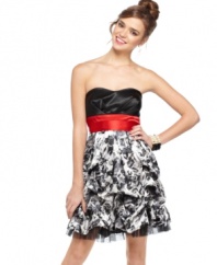 BCX makes choosing a stylish dress black and white (and red, too!). This strapless number features a contrasting, pleated empire waistband and a ruffled skirt thanks to pick-up gathering.