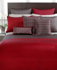 An architectural block pattern in a daring red jacquard gives Hotel Collection's Frame Lacquer duvet cover a bold, modern allure.
