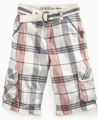 Freshen up his warm-weather wardrobe with a pair of these airy-feeling plaid shorts and matching belt from Guess.