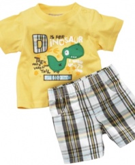 Alphabet soup. Start him on his letters early when he wears this dino-mite shirt and plaid short set from Kids Headquarters.