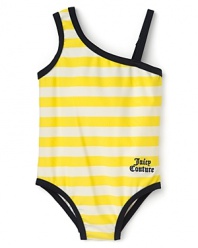 Get your bathing beauty pool-ready in style with a yellow and white striped one-shoulder swim suit from Juicy.