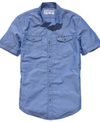 A vintage-inspired wash gives this short-sleeved oxford from DKNY Jeans a hip downtown look.