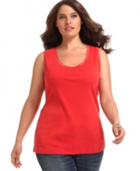 Lace trim lends a sassy finish to JM Collection's plus size tank top-- snag all the colors at an Everyday Value price!