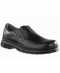 Textured leather and contrast stitching add vintage charm to these rugged slip-on men's casual shoes from Dr. Martens.