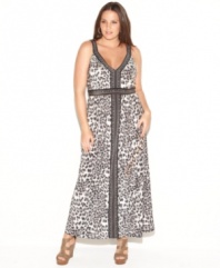 Look fierce on your winter getaway with INC's sleeveless plus size maxi dress, spotlighting a leopard print. (Clearance)