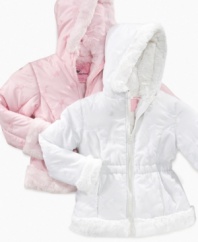 Bundle up your little snow bunny in this sweet, solid parka with faux fur trim.