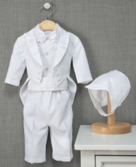 He can't look anymore dapper for his big day than in this darling tuxedo and matching bonnet. Perfect for the big event and church-going Sundays to come.