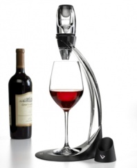 Everything but the bottle. A must for wine lovers, the smart, easy-to-use Vinturi wine aerator instantly enhances flavor, bouquet and finish as red wine pours from bottle to glass. An accompanying tower facilitates a one-handed pour and the stand prevents drips in between servings.