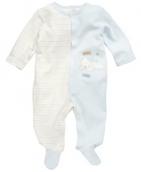 Split decision. Whether you like stripes or solids, this footed coverall from Bon Bebe will satisfy your stylish side.