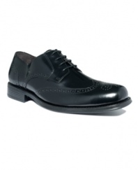 Put a little polish into your men's dress shoes when you lace up for the office in these sleek calfskin oxfords from Johnston & Murphy, handsomely detailed in a heritage wingtip style.