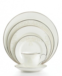 Refine your formal table with classic cream and white. Trimmed in platinum and accented with a raised dot and scroll pattern, the Opal Innocence Scroll 5-piece place settings bring contemporary grace to special occasions. A pearlized finish adds subtle shimmer. Qualifies for Rebate