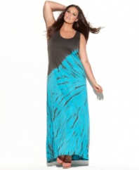 Escape the cold with INC's sleeveless plus size maxi dress, highlighted by a tie-dyed print and crochet back.