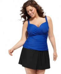 A flattering surplice neckline and plenty of elegant ruching create a sexy - and slimming - effect on Miraclesuit's plus size tankini top.