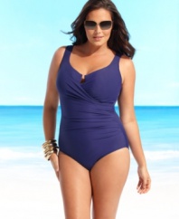 A simply chic plus size swimsuit from Miraclesuit with gentle ruching and tummy control at the waist for added flatter power.