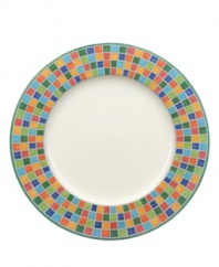 Serve yourself some color with the Twist Alea buffet plate. The bright enamel colorblock design is a perfect contrast to the fine white china. Features a vivid band of color along the rim.