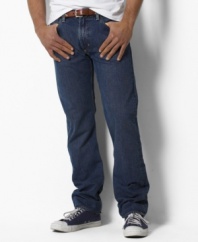 Essential classic-fitting jean with standard-rise belted waist, zip fly with signature shank, straight leg.