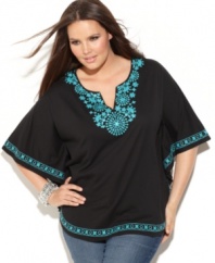 Flaunt your bohemian flair with INC's butterfly sleeve plus size top, highlighted by beautiful embroidery.