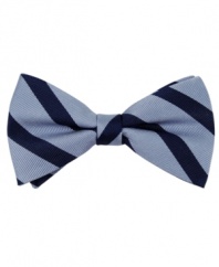 Add some big-boy polish to his suit or dress shirt with this Tommy Hilfiger striped bow tie.