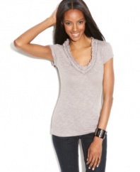INC's tee gets a feminine makeover with flirty ruffle trim! Try it with jeans, capris and more.
