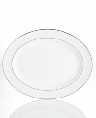 Modern yet timeless, this fine china platter is sure to satisfy the style-hungry host. From Lenox dinnerware, the dishes from the Opal Innocence Stripe collection are simply dressed in cream and white stripes and finished with a polished platinum trim, creating an ultra-chic setting to enjoy celebratory meals. Qualifies for Rebate