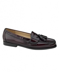 A traditional tasseled pair of men's dress shoes, these moc loafers for men are crafted in fine hand-antiqued brushoff leather and handsewn for long-lasting wear.