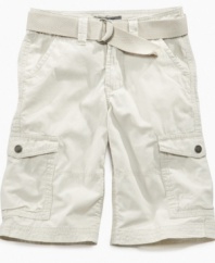 Check your pockets. There will be plenty of room for him to put the things he usually carries in these cargo shorts from DKNY.