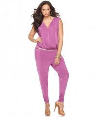 Get set for your night out with Baby Phat's sleeveless plus size jumpsuit, featuring a draped front and belted waist.