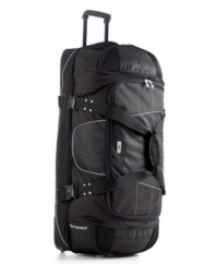 Get geared up! A drop bottom compartment and divider panel give this duffel true travel cred, providing all of the space and amenities to master the art of organization. Hold down straps, exterior compression straps and two zippered top loading compartments perfect packing for you. 5-year warranty.