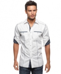 Getting the best casual look together is a snap with this striped shirt from Marc Ecko Cut & Sew.