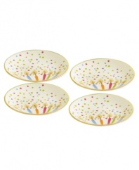 Pass around the birthday cake pieces with this irresistibly fun set of dessert plates. Adorned with colorful candles and a burst of confetti, on fine ivory china accented with 24-karat gold. Qualifies for Rebate