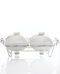 Serve your warm delicacies with grand style in this porcelain  double warmer with chrome serving rack. Set includes serving rack and two 1 quart covered bakers.