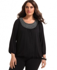 Look party-perfect with Alfani's three-quarter sleeve plus size top, beautifully accented by a beaded neckline.