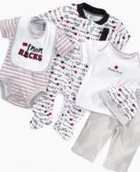 Mommy and her little boy will both be rock stars when he takes the stage in any one of these pieces from this Cutie Pie Baby six-piece set. Includes: 1 bib; 1 cap; 1 footed coverall; 1 short-sleeved tee; 1 pair of pants and 1 bodysuit.