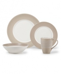 Shape up. A pattern of tiny squares gives the Mikasa Crisscross place settings a modern look and feel in resilient, everyday stoneware. Soothing tan and white tones mixing a matte and shiny finish add to its understated cool.