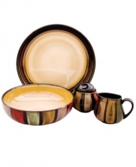 Hearty stoneware rendered in glossy black with contrasting earth tones gives this durable set of Sango serveware and serving dishes its striking, casual appeal. A perfect complement to the Flair Black dinnerware set.