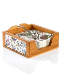 A natural twist on a perennial favorite, this Portmeirion napkin holder combines the true-to-life floral motifs and triple-leaf border of Botanic Garden dinnerware with handsome bamboo wood. A silvertone metal weight keeps the coordinating napkins in place.