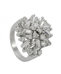 Sparkle bursts at the seams in this head-turning cocktail ring from City by City. Clustered crystals set in silver tone mixed metal give this look extra polish and shine. Sizes 5, 6, 7, 8 and 9.