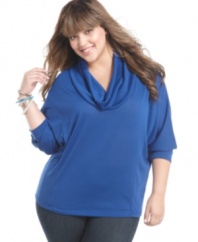 Top off your jeans with Soprano's three-quarter sleeve plus size sweater, finished by a cowl neckline. (Clearance)