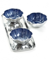 More than conversation blossoms around your table with handcrafted Parisian Blue Lotus nut bowls from Simply Designz. Polished aluminum lined in glossy enamel lends fresh color and shine to any dining area. With tray.