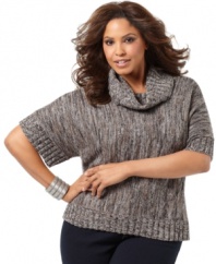 A cowl neckline elegantly finishes INC's short sleeve plus size sweater, accented by metallic stitching. (Clearance)