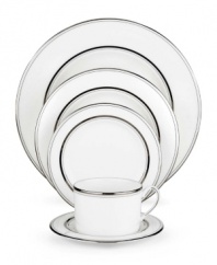 Set the table with poise and purpose. Library Lane place settings feature tailored platinum bands on white china that brings black tie elegance to any meal.