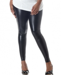Sleek faux-leather plus size leggings from ING add a rocker-chic edge to any outfit.