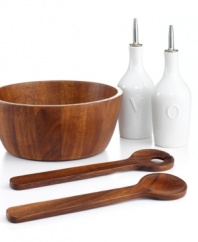 Wood works. Beautifully crafted in rich acacia wood, this salad bowl and servers bring a casual, organic feel to any gathering. Ceramic olive oil and vinegar pourers make it a complete set and great gift. From The Cellar's collection of serveware and serving dishes.