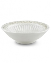 With a raised pattern of cascading vines on the rim and elegant fluting inside, this fruit bowl brings distinctly vintage style to the table. Coordinates with Butler's Pantry dinnerware and dishes collection. Qualifies for Rebate