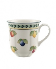 The Fleurence mug has a summer fruit pattern on a pale yellow background. In dishwasher- and microwave-safe porcelain. From the Villeroy & Boch dinnerware and dishes collection.
