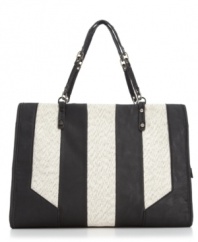 Make a statement with this bold striped style by Rachel Rachel Roy. A lady-like satchel silhouette provides the perfect canvas for this fabulous mod-inspired design.
