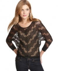Add a dash of romance to your outfit with this top by Jolt-the sheer lace overlay with dolman sleeves puts a flirty spin on any ensemble.