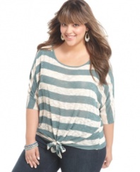 Tie up a laid-back look with Soprano's three-quarter sleeve plus size top, flaunting a striped design. (Clearance)