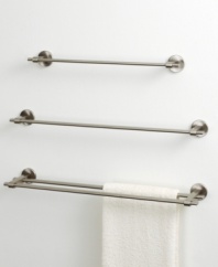 Crafted of beautiful satin nickel in a minimalist design, this Zone towel bar from Gatco brings a sleek, modern feel to your bathroom.