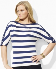 The classic knit tee is given a nautical update with dolman sleeves that have chic laced detailing, in this plus size look from Lauren Jeans Co.